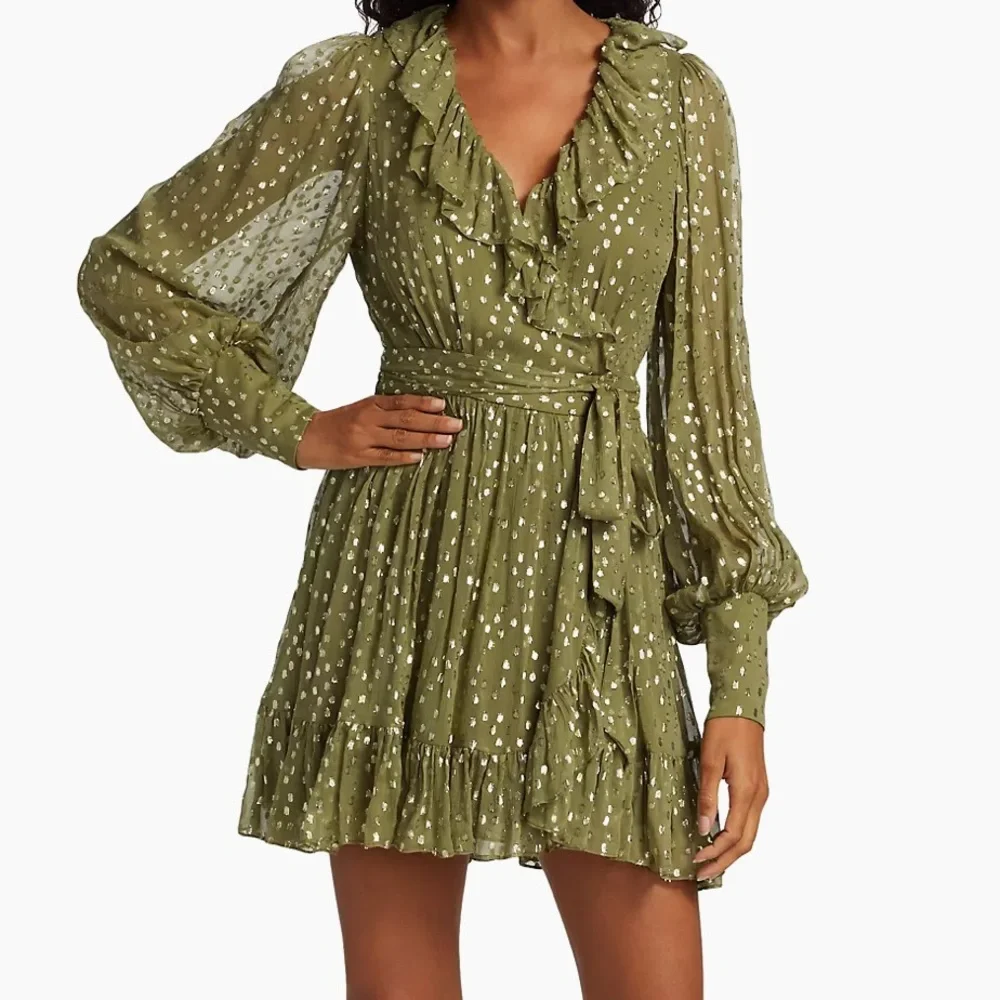 ZIMMERMANN $650 Ruffled Metallic Silk Wrap Mini Dress Size M Green Khaki Summer - Picture 1 of 6